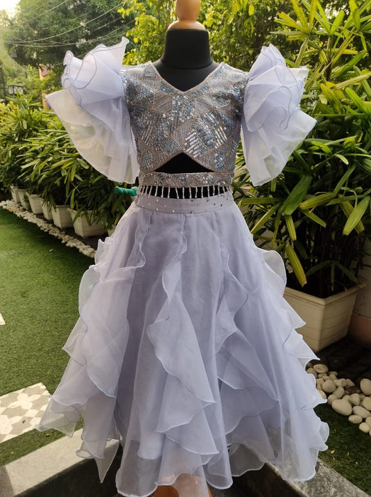 Lavender Grey Organza Ruffle Sequins Lehenga