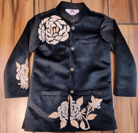 Black Velvet Floral Embroidered Bandhgala
