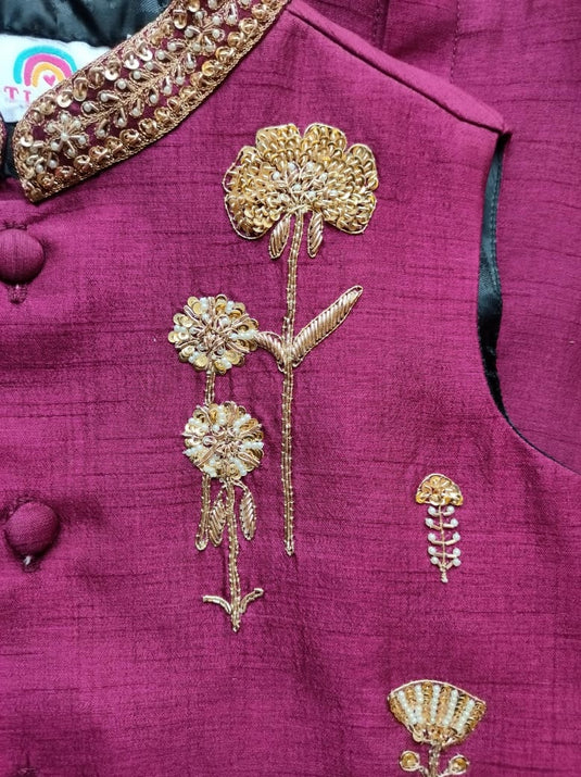 Magenta Dori Embroidery Kurta Waistcoat Set With Pant