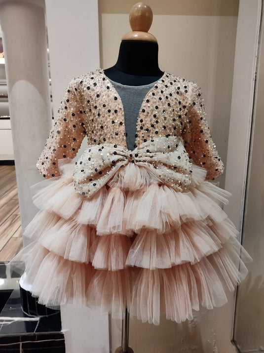 Golden Layered Sequins Bow Gown