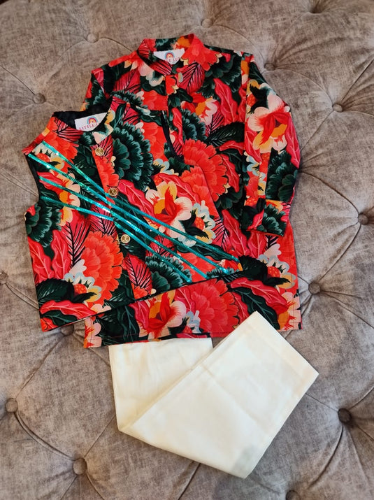 Floral Metallic Waistcoat Kurta Set With Pant