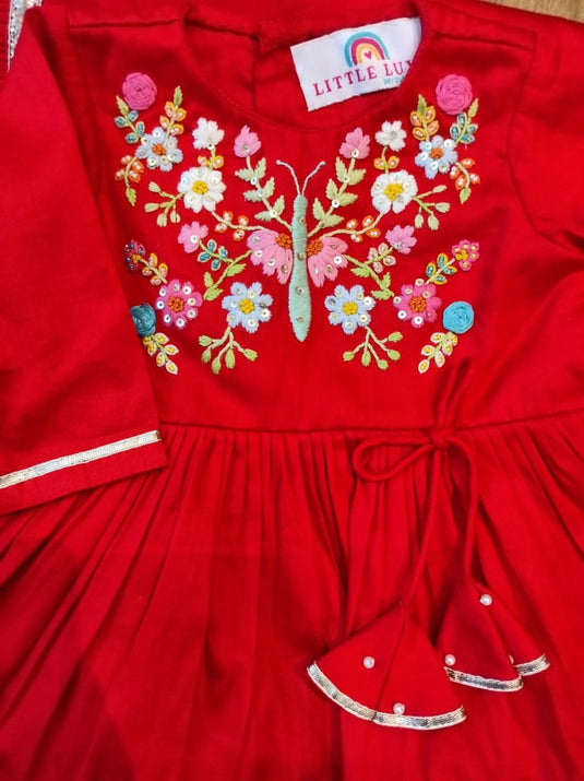 Floral Butterfly Red Girls Jaamna Set