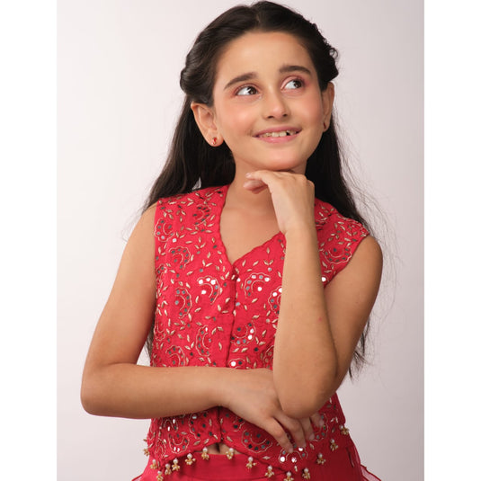 Red Mirrorwork Waistcoat With Ruffle Palazzo