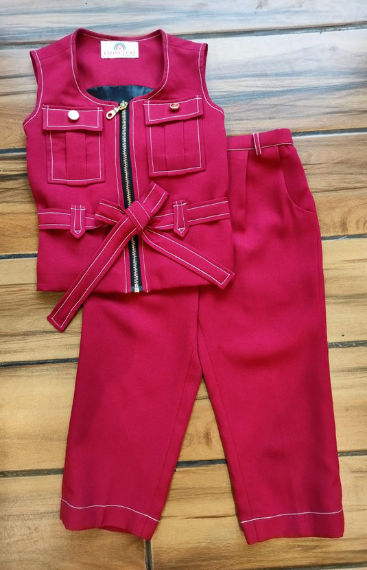 Maroon Zipped Belted Coord Set
