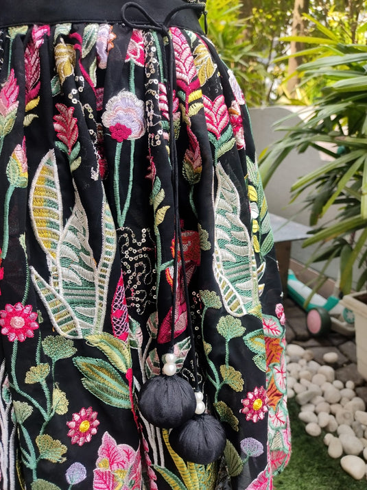 Black Threadwork One Shoulder Lehenga Set