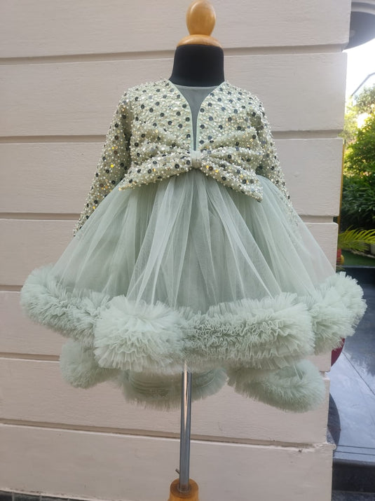 Mint Green Ruffle Heavy Sequins Bow Gown