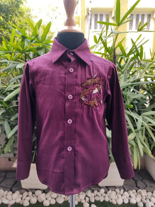 Wine Color Dragon Embroidery Shirt