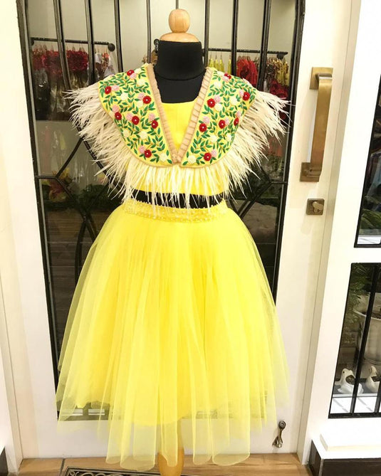 Yellow Embroidered U Style Feather Lehenga Set