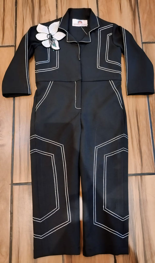Black Jumpsuit with Flower and Stitch Detailing