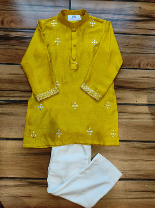 Mustard Mirrorwork Kurta Set With Pant