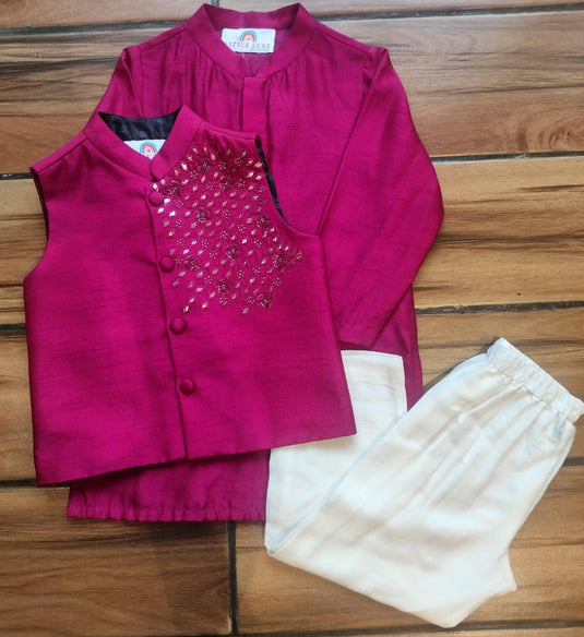 Magenta Mirrorwork Waistcoat Set