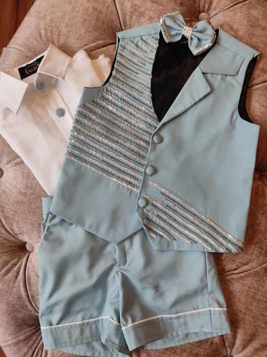 Light Blue Embroidered Waistcoat Set With Shorts
