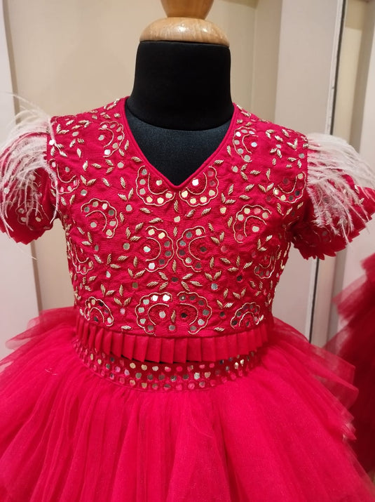 Red Mirrorwork Layered Lehenga