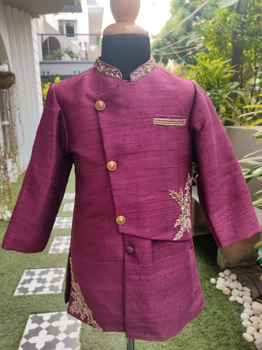 Magenta Raw Silk Embroidered Sherwani