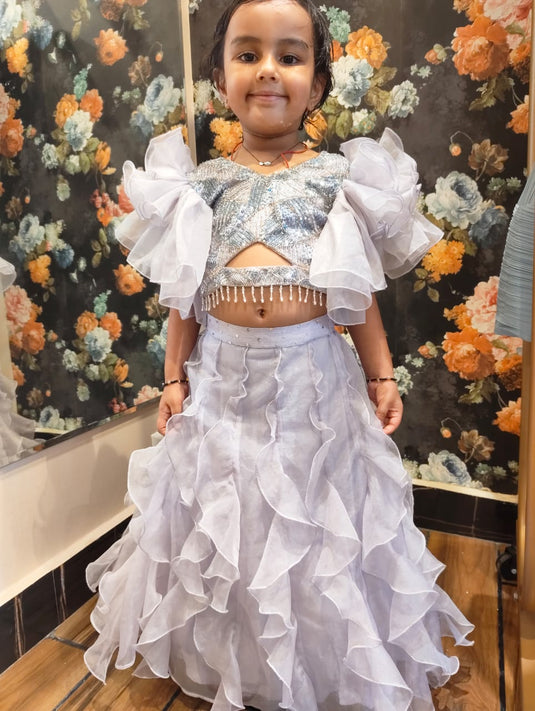 Lavender Grey Organza Ruffle Sequins Lehenga