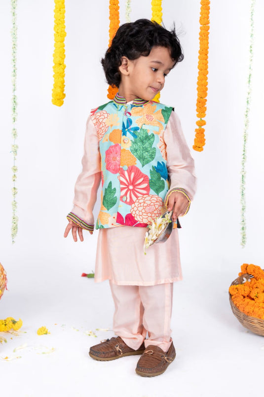 Floral Printed Beadwork Kurta Waistcoat Set With Pant