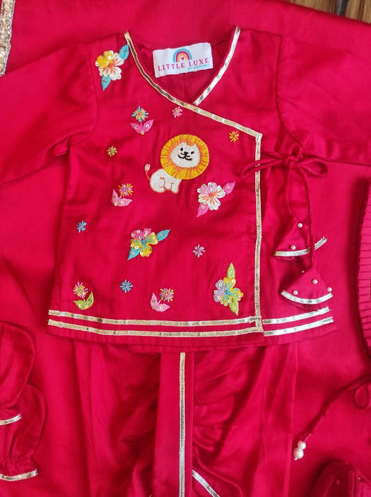 Lion And Flowers Red Boys Jaamna Set