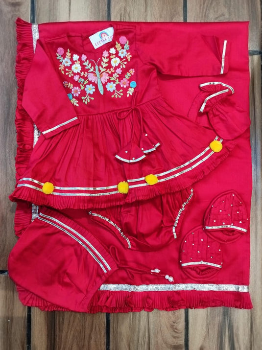 Floral Butterfly Red Girls Jaamna Set