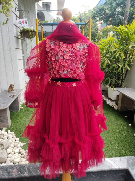 Red Applique Sequins Embroidered Lehenga Set