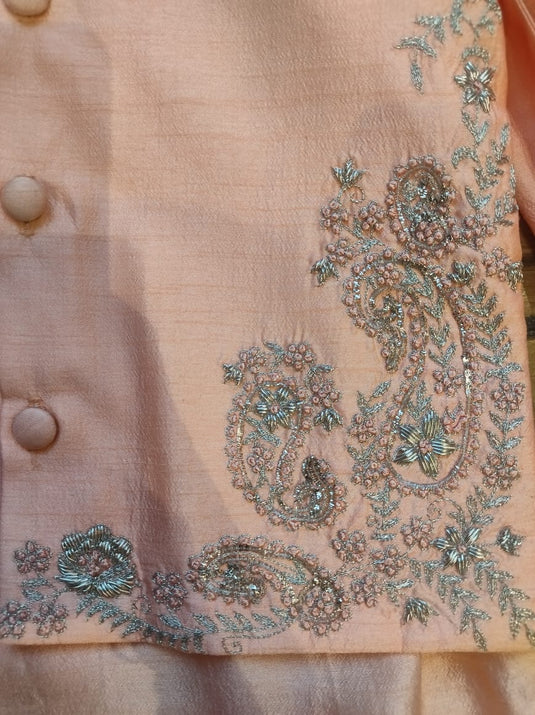Peach Silver Embroidered Waistcoat Set With Pant