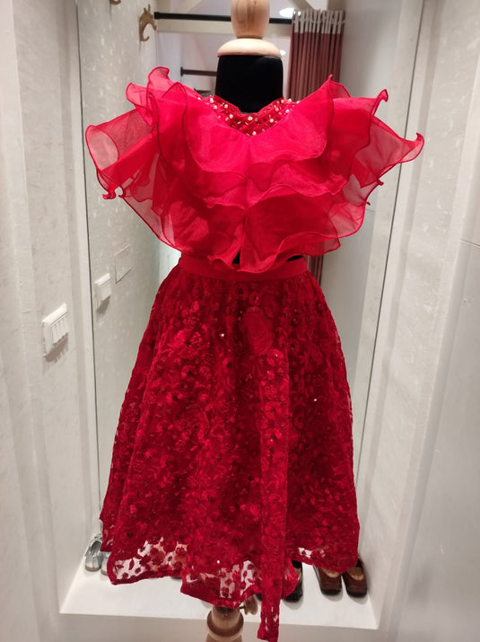 Red Organza Threadwork Lehenga Set