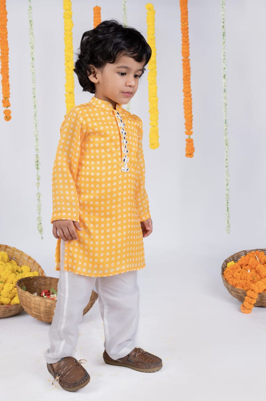 Yellow Bandhej Printed Mirrorwork kurta Set With Pant