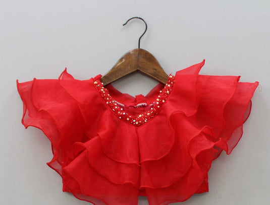 Red Organza Threadwork Lehenga Set