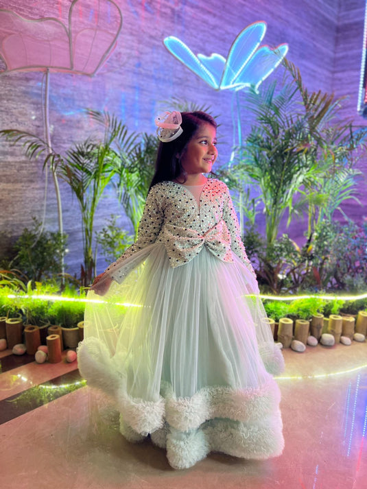 Mint Green double Layer Ruffle Heavy Sequins Bow Gown