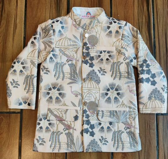 Peacock Temple Light Peach Bandhgala