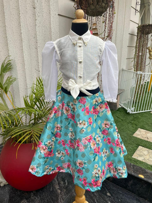 White Knotted Shirt With Blue Skirt