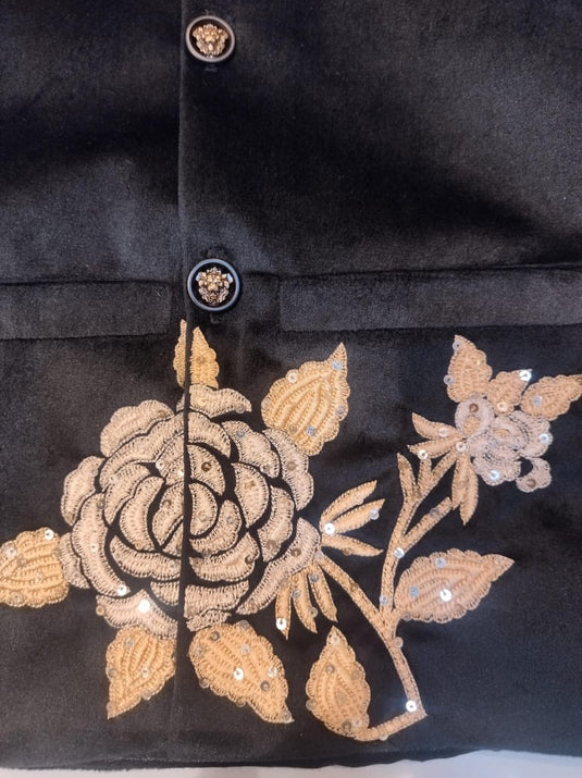 Black Velvet Floral Embroidered Bandhgala