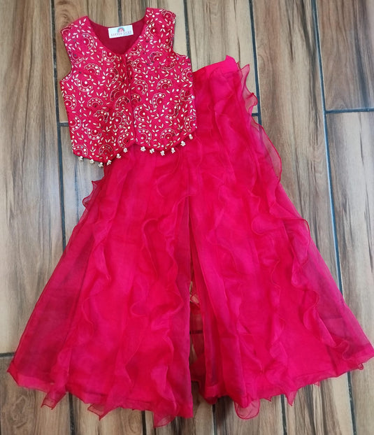 Red Mirrorwork Waistcoat With Ruffle Palazzo
