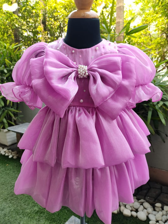 Pink Metallic Organza Two Layer Bow Dress
