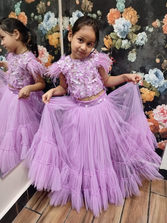 Lavender Net Ruffle Embroidered Feather Lehenga