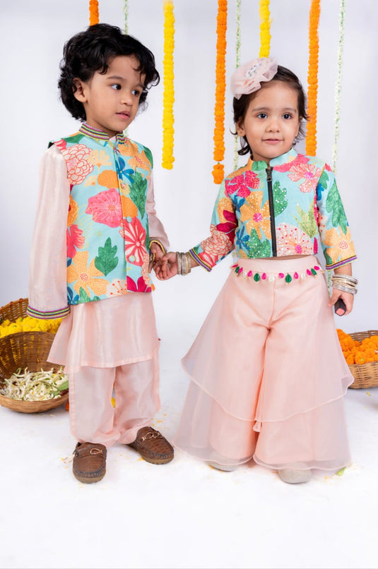 Floral Printed Beadwork Kurta Waistcoat Set With Pant