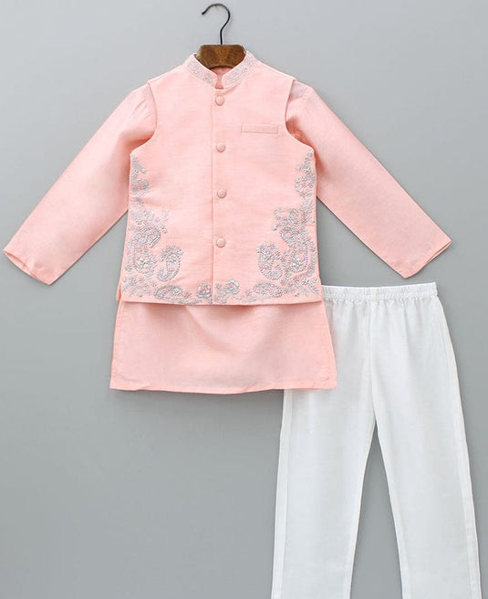 Peach Silver Embroidered Waistcoat Set With Pant