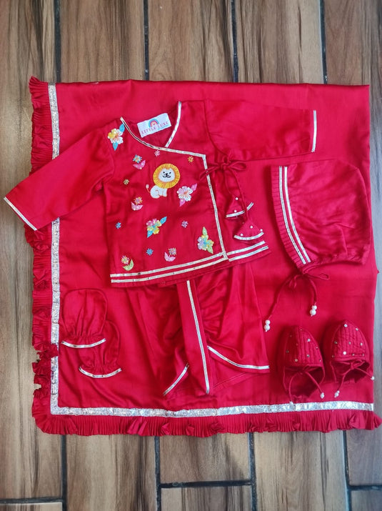 Lion And Flowers Red Boys Jaamna Set