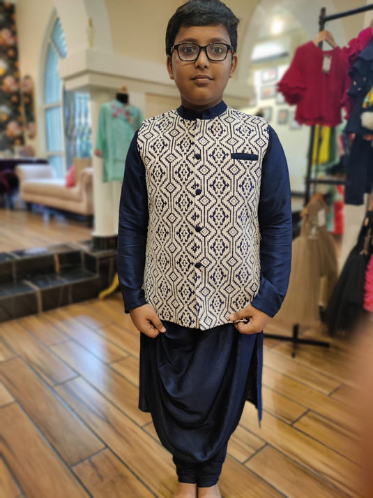 Navy Blue Cowl kurta With Threadwork Waistcoat and Straight Pant