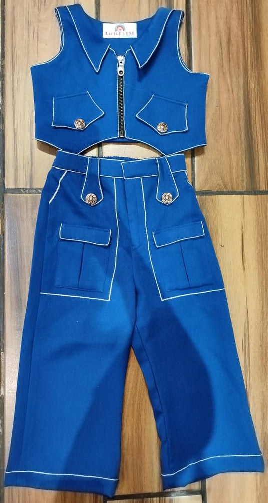 Trendy Blue Cord Set With Pockets
