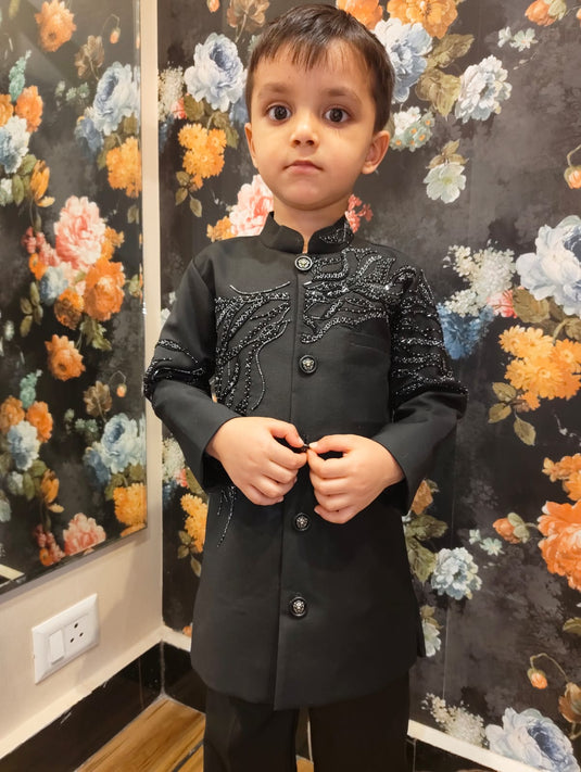 Black Geometric Embroidered Bandhgala