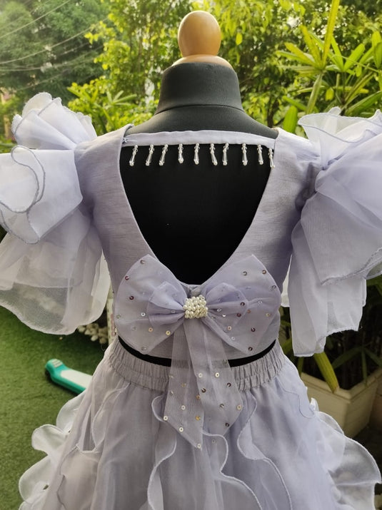Lavender Grey Organza Ruffle Sequins Lehenga