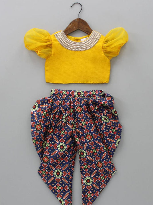 Yellow Embroidered Top With Patola Dhoti Pant