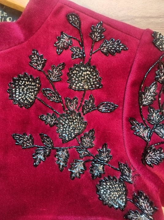 Maroon Velvet Embroidered Bandhgala With Pant