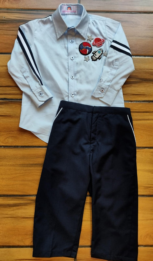 Blue Striped Space Shirt Set With Trouser