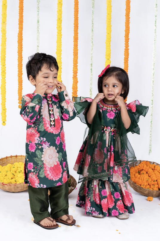 Green Floral Mirrorwork Kurti Sharara Set