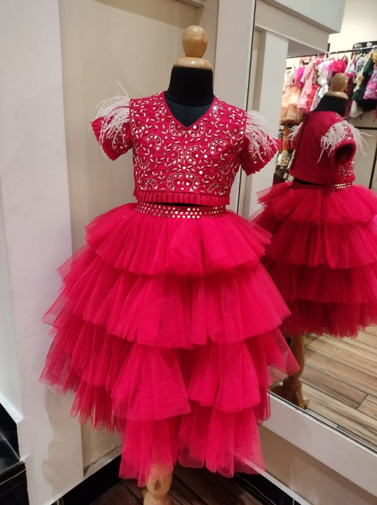 Red Mirrorwork Layered Lehenga