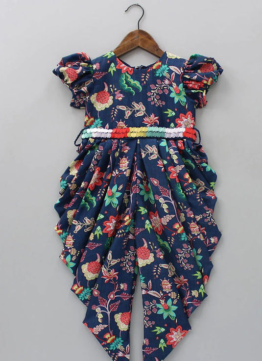 Blue Printed Jumpsuit With Sequins Belt