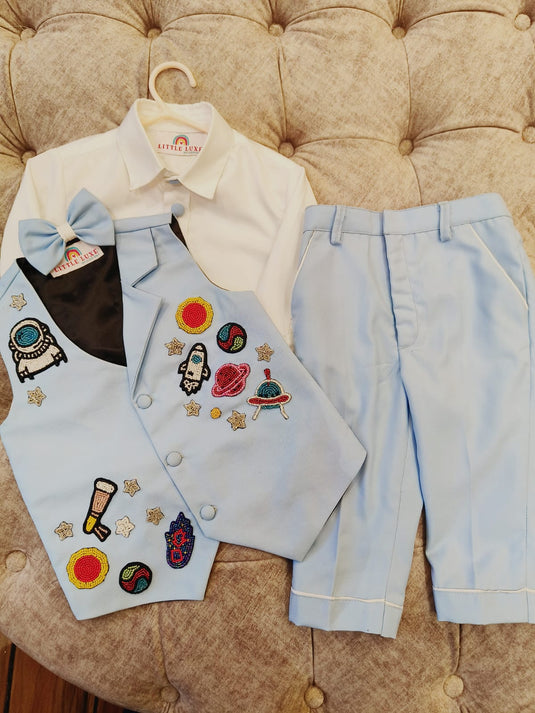 Space theme Personalized 4 Piece Waistcoat set Light Blue