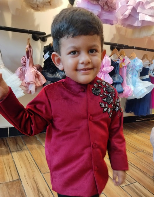 Maroon Velvet Embroidered Bandhgala