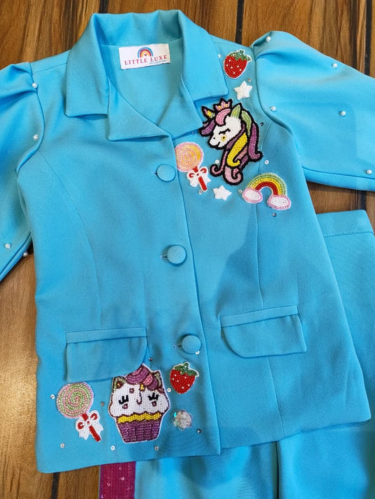 Blue Unicorn And Cupcake Blazer Coord Set